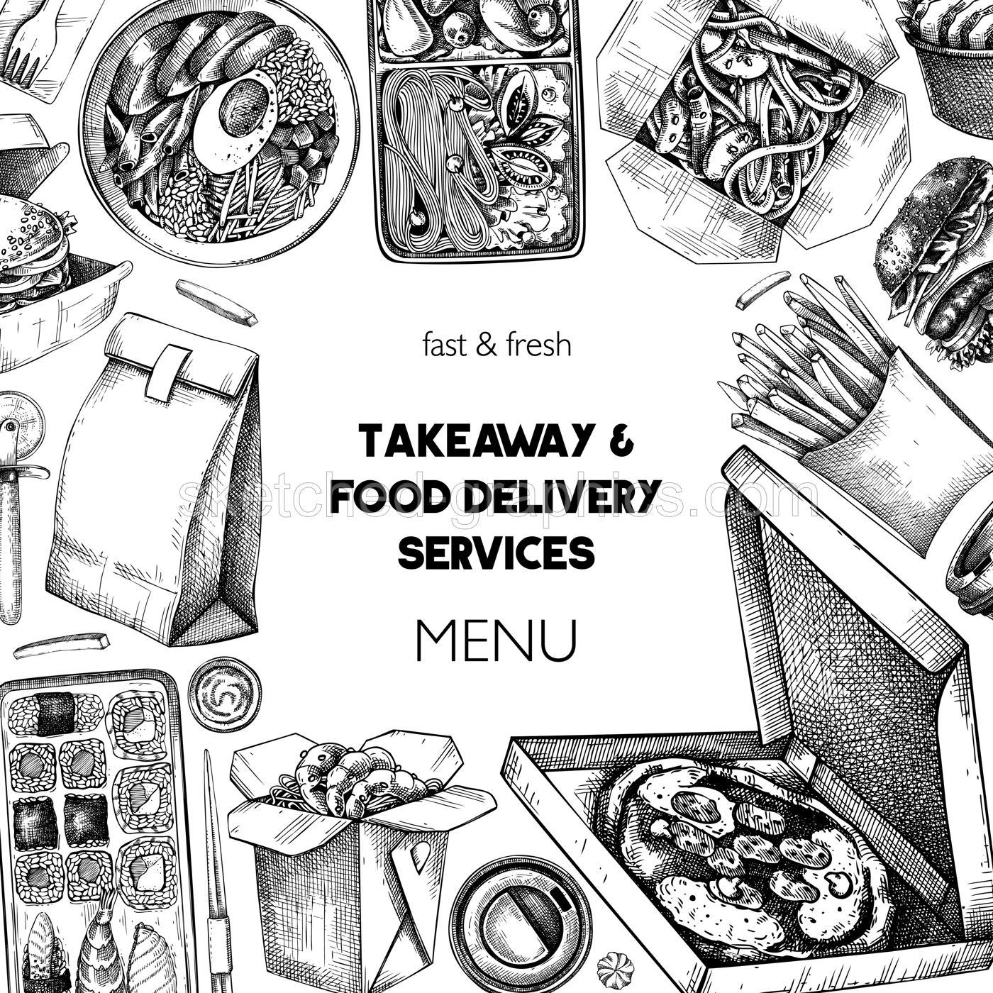 Engraved fast food background. Hand-drawn vector illustration. Burger, pizza box, paper bag, coffee cup sketch. Takeaway food menu design. Restaurant delivery banner template Illustration